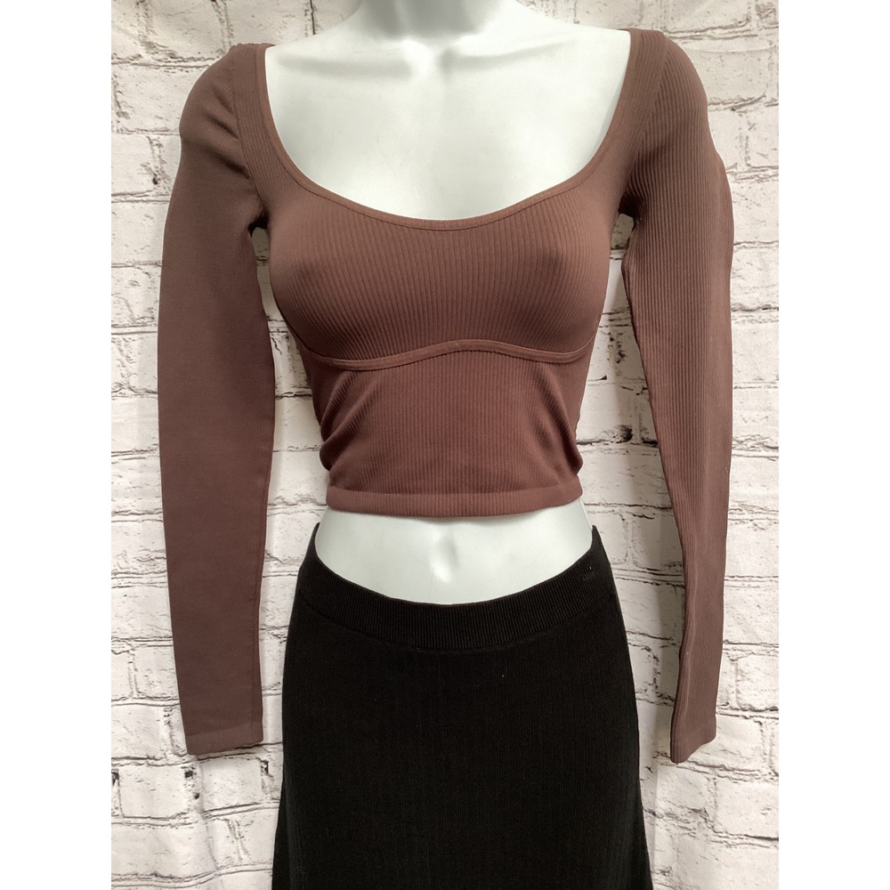 Intimately Free People Brown Ribbed Sweetheart Crop Top Long Sleeve XS/S